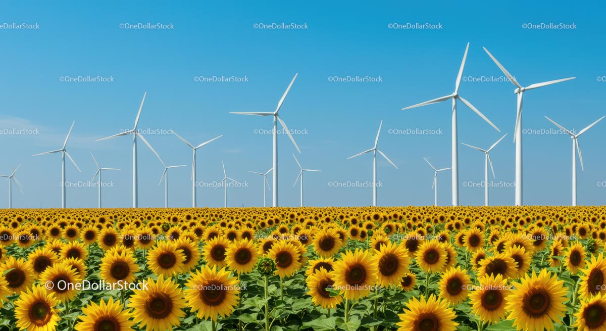 Sunflower Field and Wind Turbines Under Clear Blue Sky