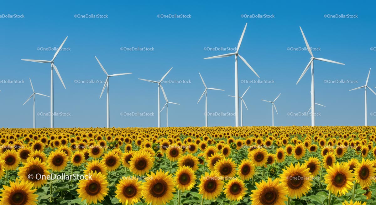 Sunflower Field with Wind Turbines Under Clear Blue Sky