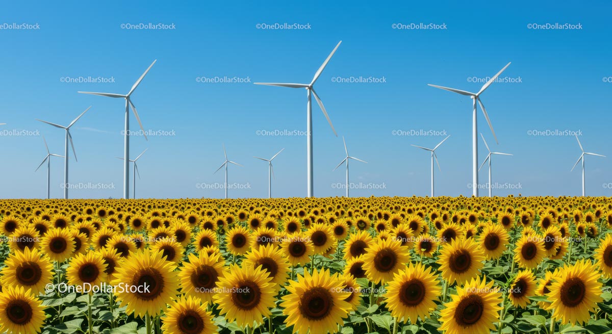 Sunflower Field with Wind Turbines on a Clear Summer Day