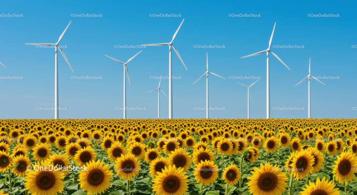Sunflower Field with Wind Turbines Under Blue Sky