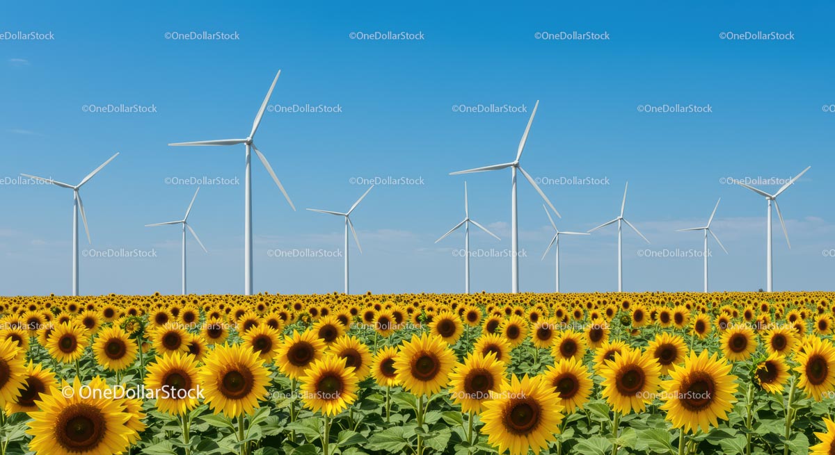 Sunflower Field with Wind Turbines under Clear Blue Sky