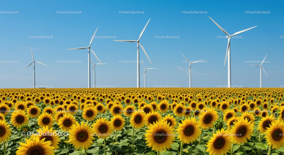 Sunflower Field with Wind Turbines Under Clear Blue Sky