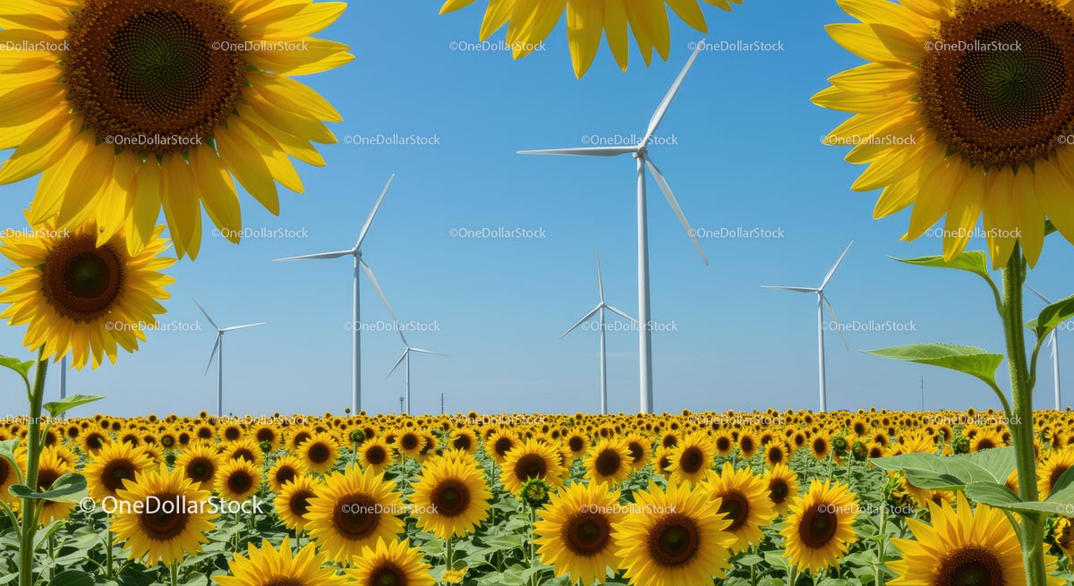 Sunflower Field with Wind Turbines Under Blue Sky