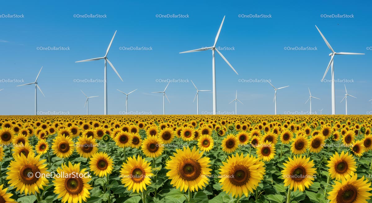 Sunflower Field with Wind Turbines and Blue Skies