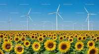 Sunflower Field with Wind Turbines and Blue Skies