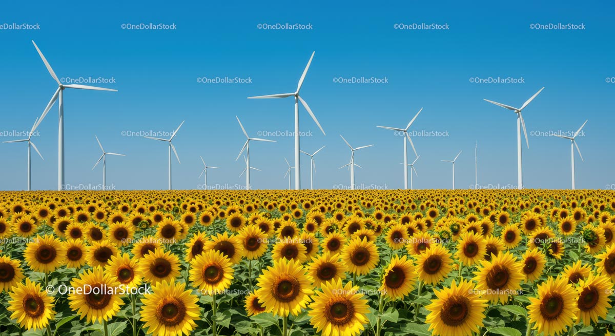 Sunflower Field and Wind Turbines Against Blue Sky