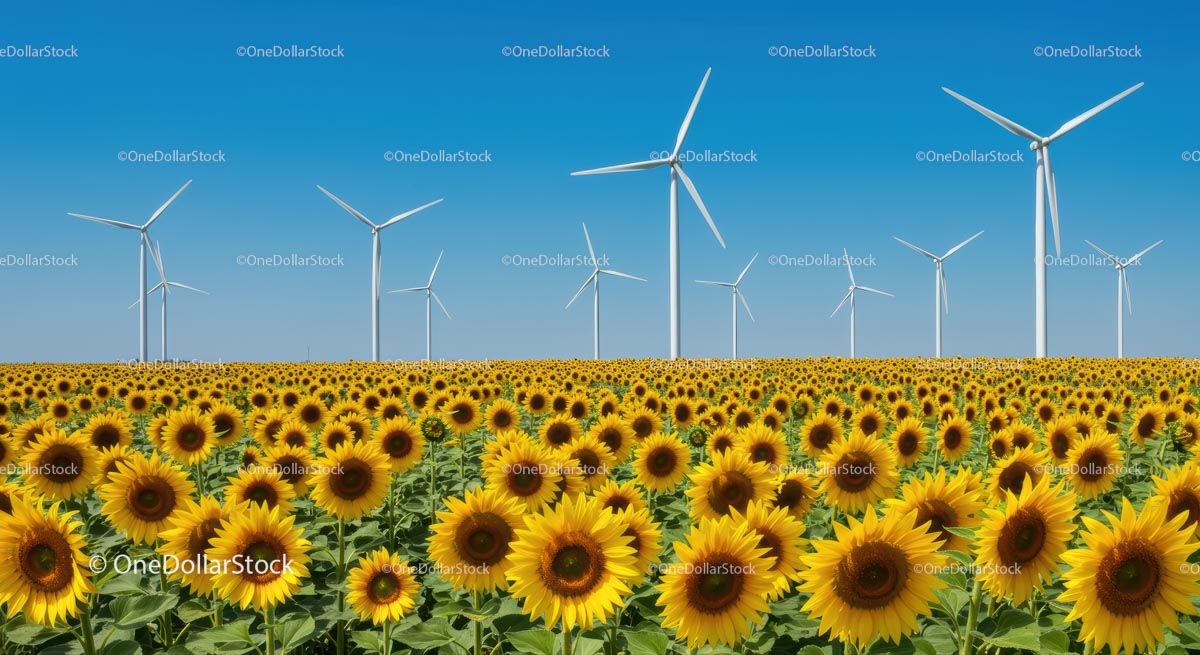 Sunflower Field with Wind Turbines under Clear Blue Sky