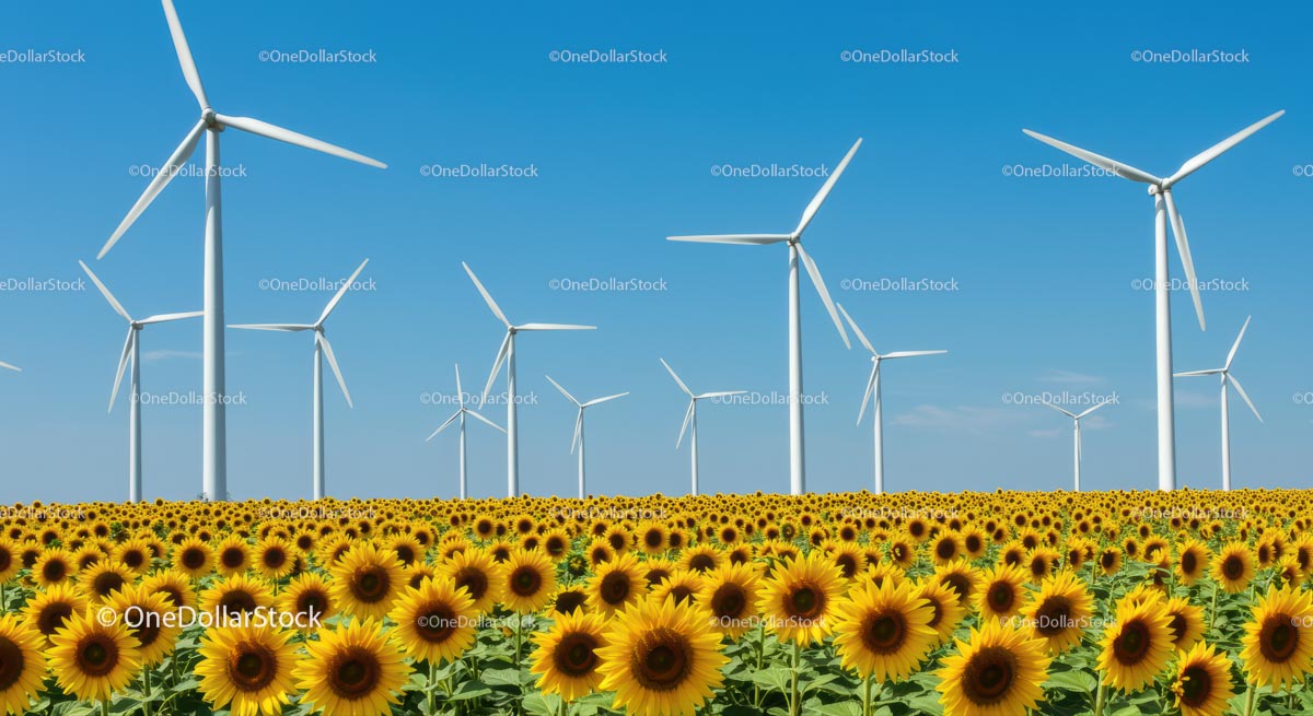 Vibrant Sunflower Field with Wind Turbines Under Blue Sky