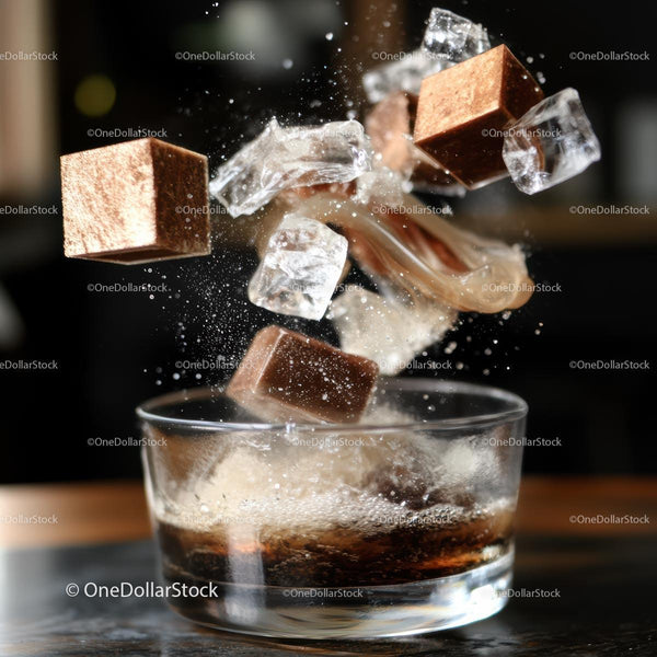 Ice Cubes and Sugar Splashing into Cola Glass