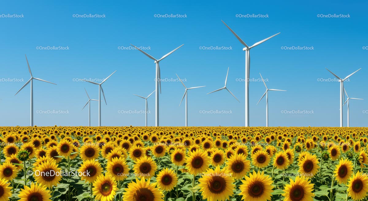 Sunflower Field with Wind Turbines Under Clear Blue Sky