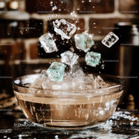 Dynamic Splash of Ice Cubes in Glass Bowl