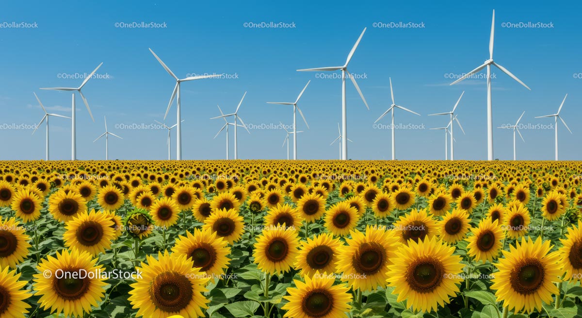 Vibrant Sunflower Field with Wind Turbines on a Clear Day