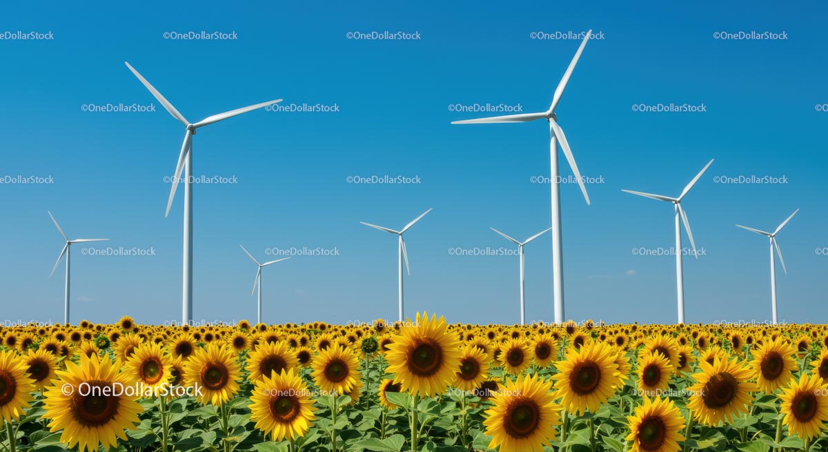 Vibrant Sunflower Field with Wind Turbines Under Blue Sky