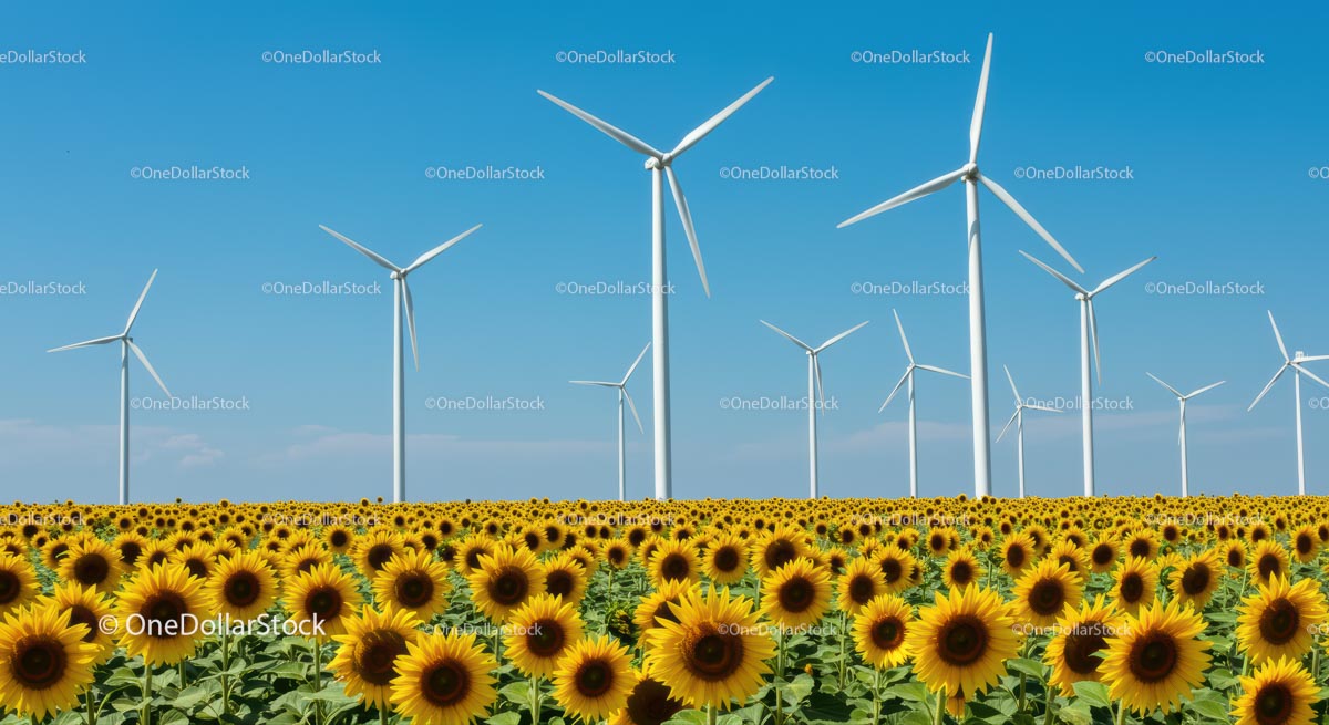 Sunflower Field with Wind Turbines Under Blue Sky