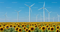 Sunflower Field with Wind Turbines Under Blue Sky