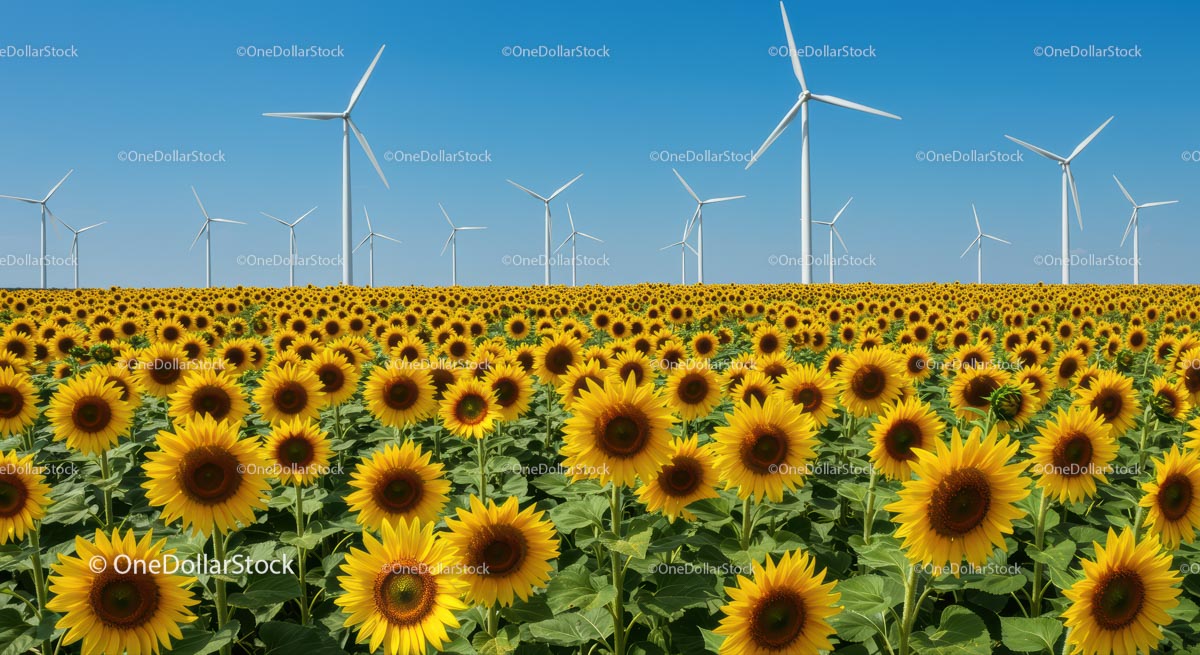 Sunflower Field with Wind Turbines under Blue Sky