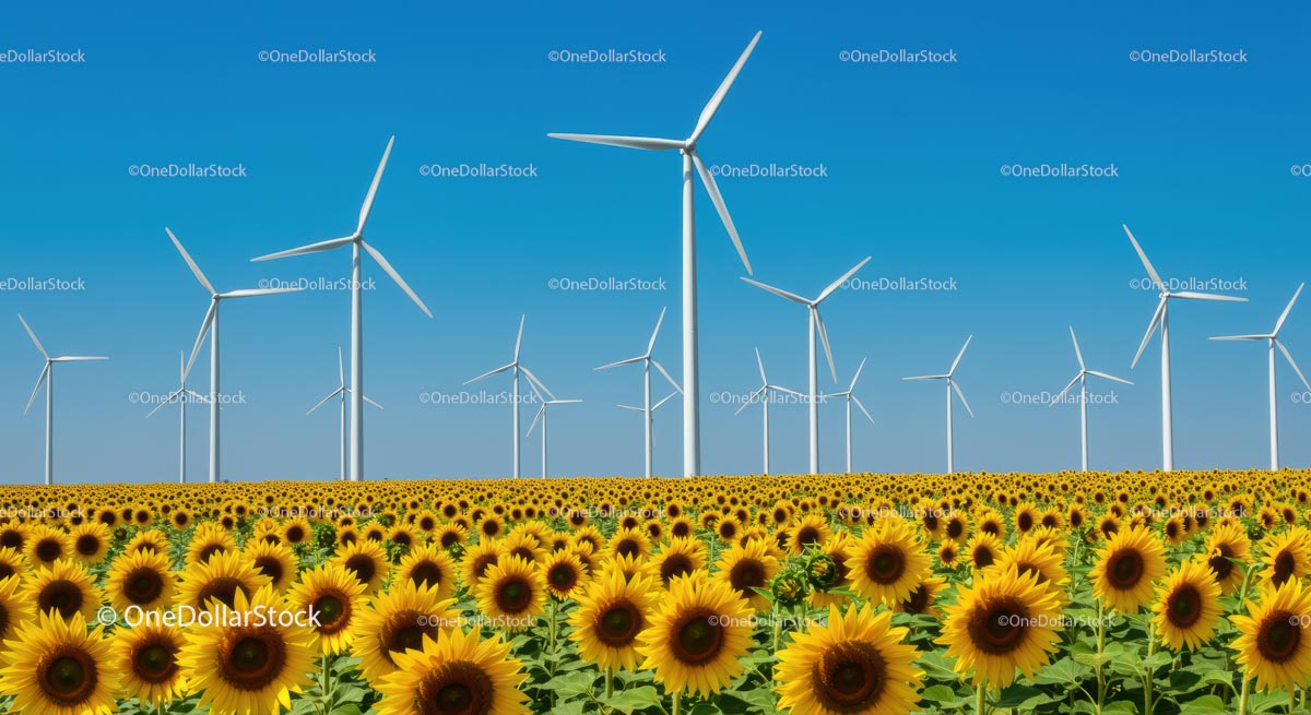 Sunflower Field with Wind Turbines Under Blue Sky