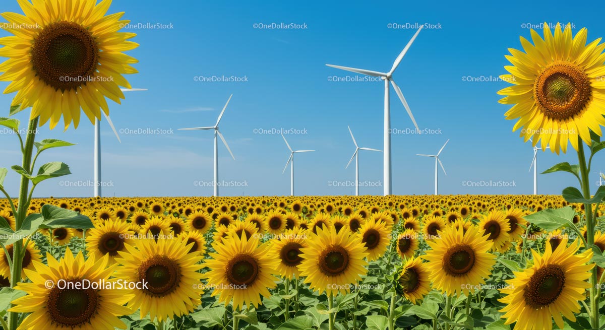 Sunflower Field with Wind Turbines Under Clear Blue Sky