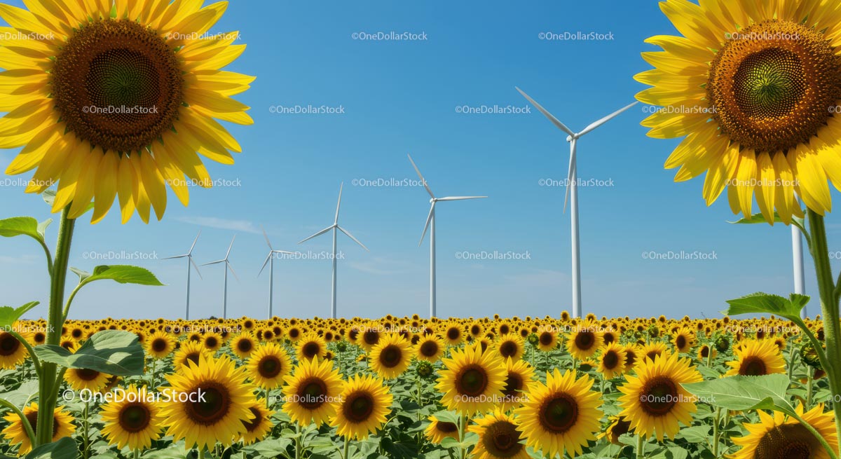 Sunflower Field with Wind Turbines Under Clear Blue Sky