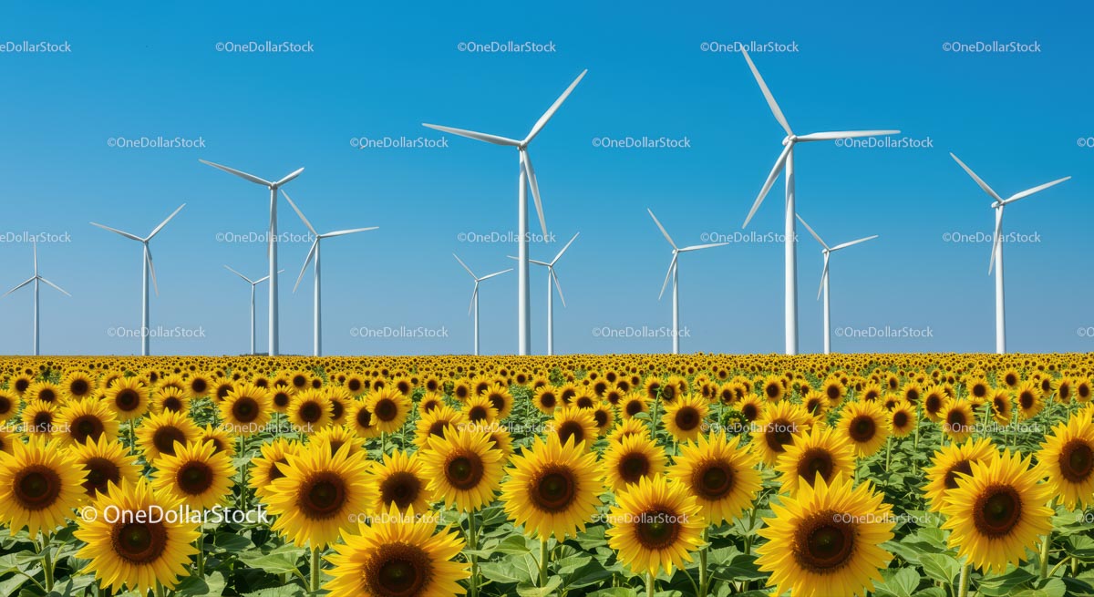 Sunflower Field with Wind Turbines on a Clear Summer Day