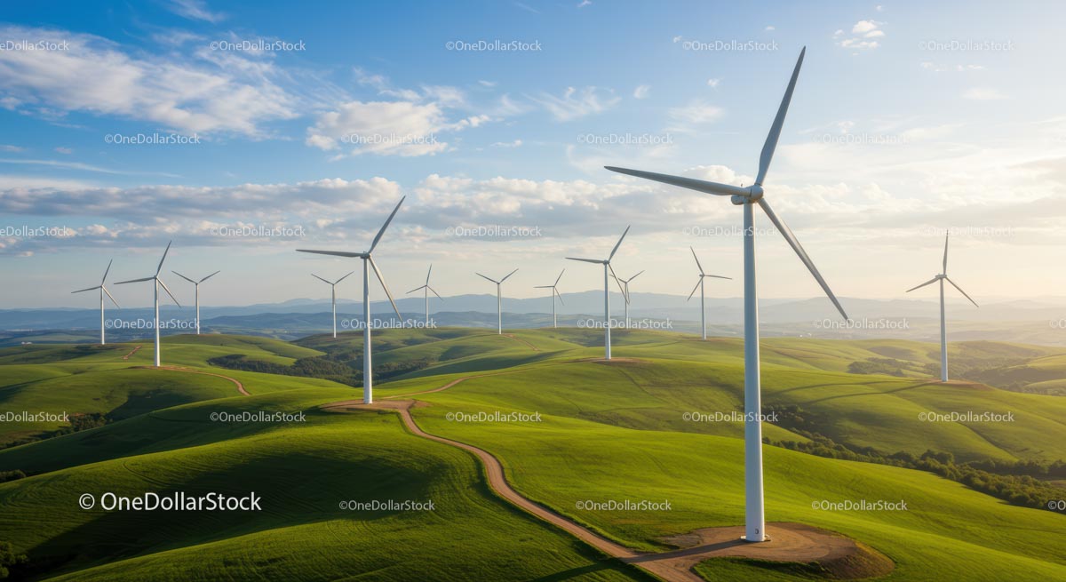 Scenic Wind Turbines on Rolling Green Hills at Sunset