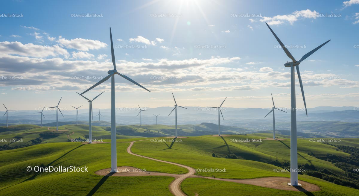 Turbiny wiatrowe na pagórkowatych zielonych wzgórzach pod błękitnym niebem