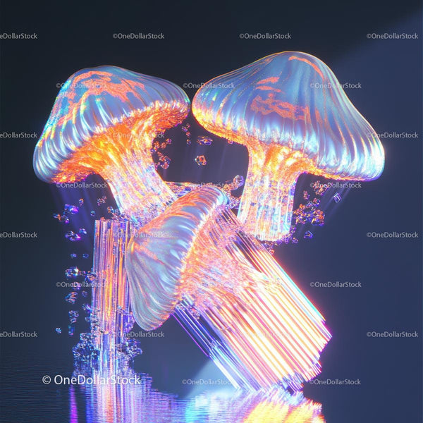 Iridescent Neon Mushrooms in Futuristic Digital Art