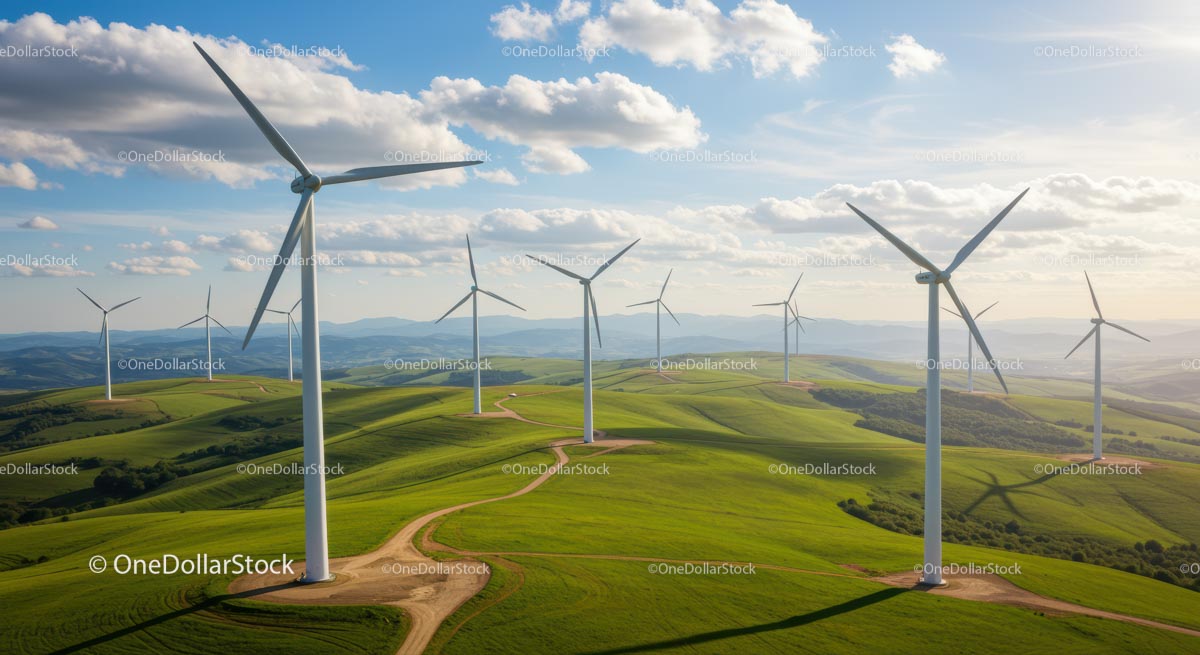 Scenic Wind Turbines on Green Rolling Hills