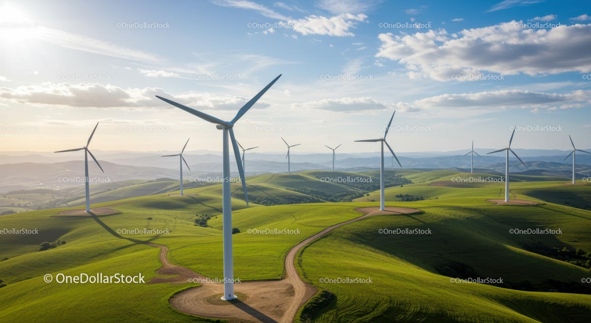 Green Hills with Wind Turbines under Blue Sky