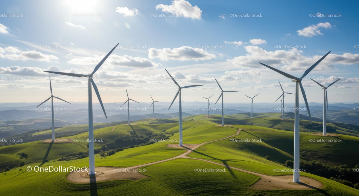Wind Turbines on Rolling Green Hills Under Blue Sky