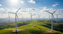 Wind Turbines on Rolling Green Hills Under Blue Sky