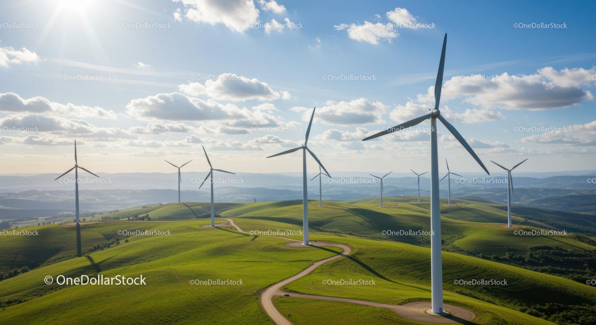 Turbiny wiatrowe na bujnych zielonych wzgórzach pod zachmurzonym niebem