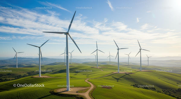 Turbiny Wiatrowe na Zielonych Wzgórzach pod Czystym Niebieskim Niebiem