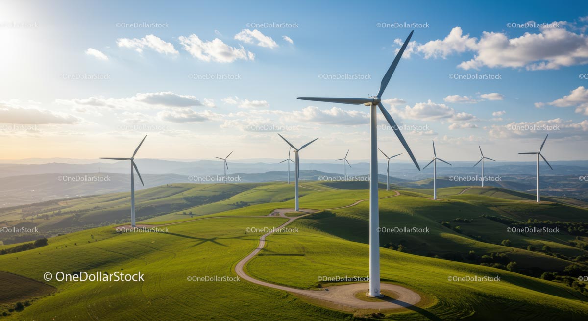 Wind Turbines on Lush Green Hills Under a Clear Blue Sky