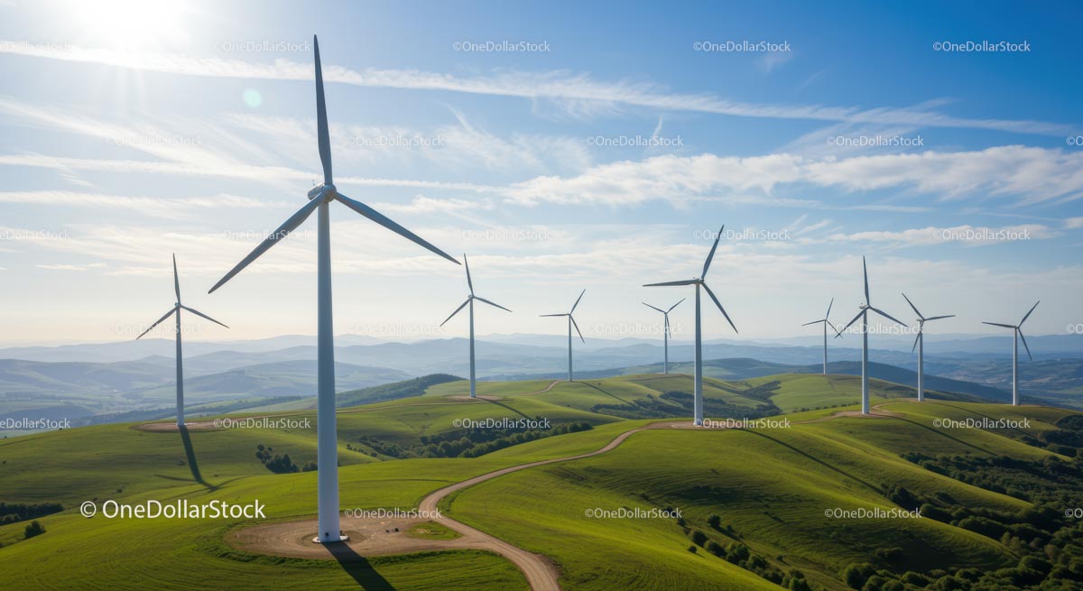 Wind Turbines on Green Hills Under Clear Blue Sky