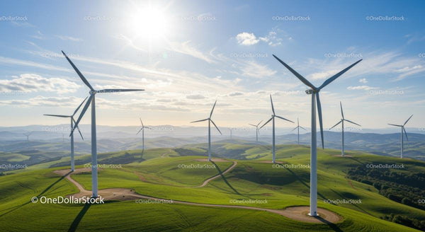 Turbiny wiatrowe na zielonych falujących wzgórzach
