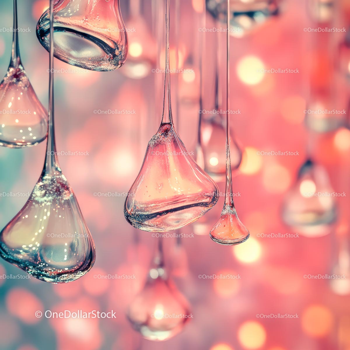 Wiszące szklane krople z delikatnym różowym tłem bokeh