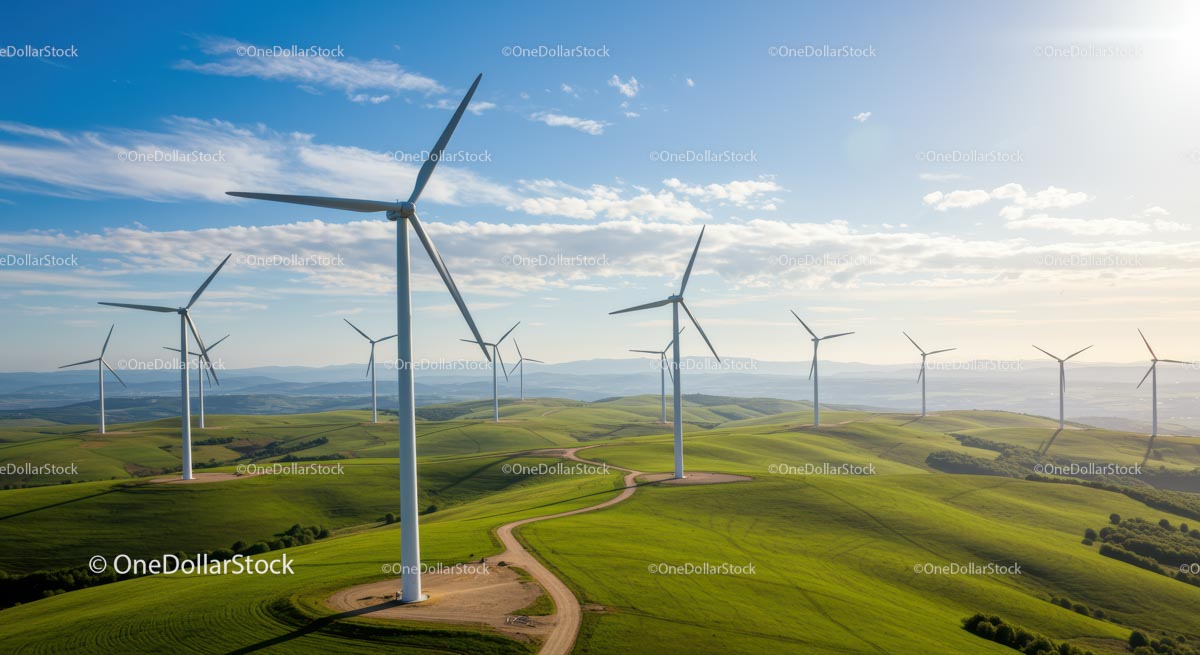 Wind Turbines on Green Hills Under Blue Sky