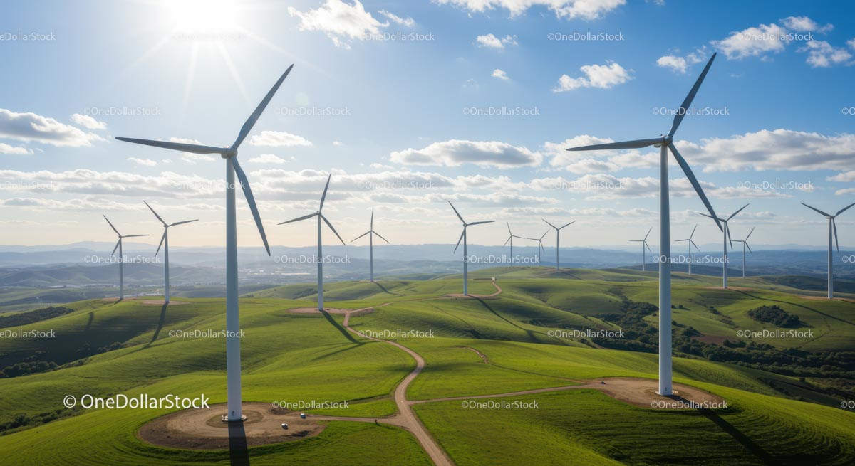 Wind Turbines on Rolling Green Hills Under Blue Sky