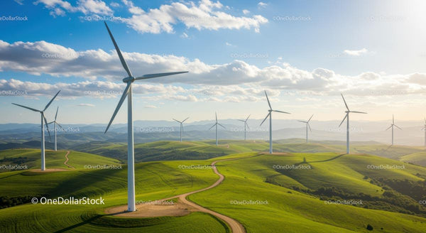 Turbiny wiatrowe na zielonych wzgórzach pod błękitnym niebem