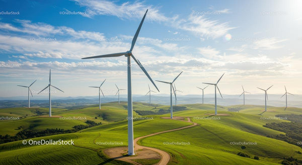 Turbiny wiatrowe na zielonych wzgórzach pod błękitnym niebem