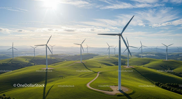 Turbiny wiatrowe na malowniczych zielonych wzgórzach o wschodzie słońca