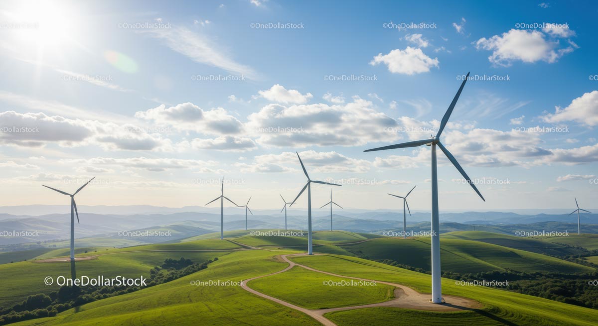 Wind Turbines on Rolling Green Hills Under Blue Sky