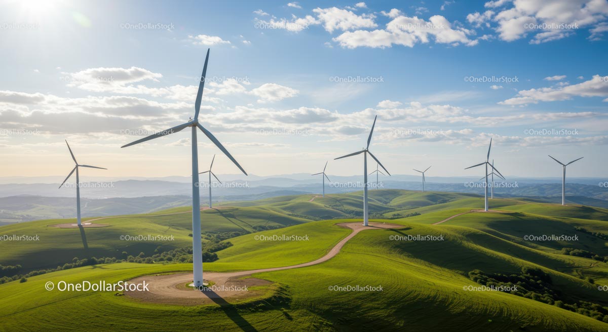 Wind Turbines on Lush Green Hills Under Blue Sky