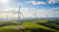 Wind Turbines on Lush Green Hills Under Blue Sky