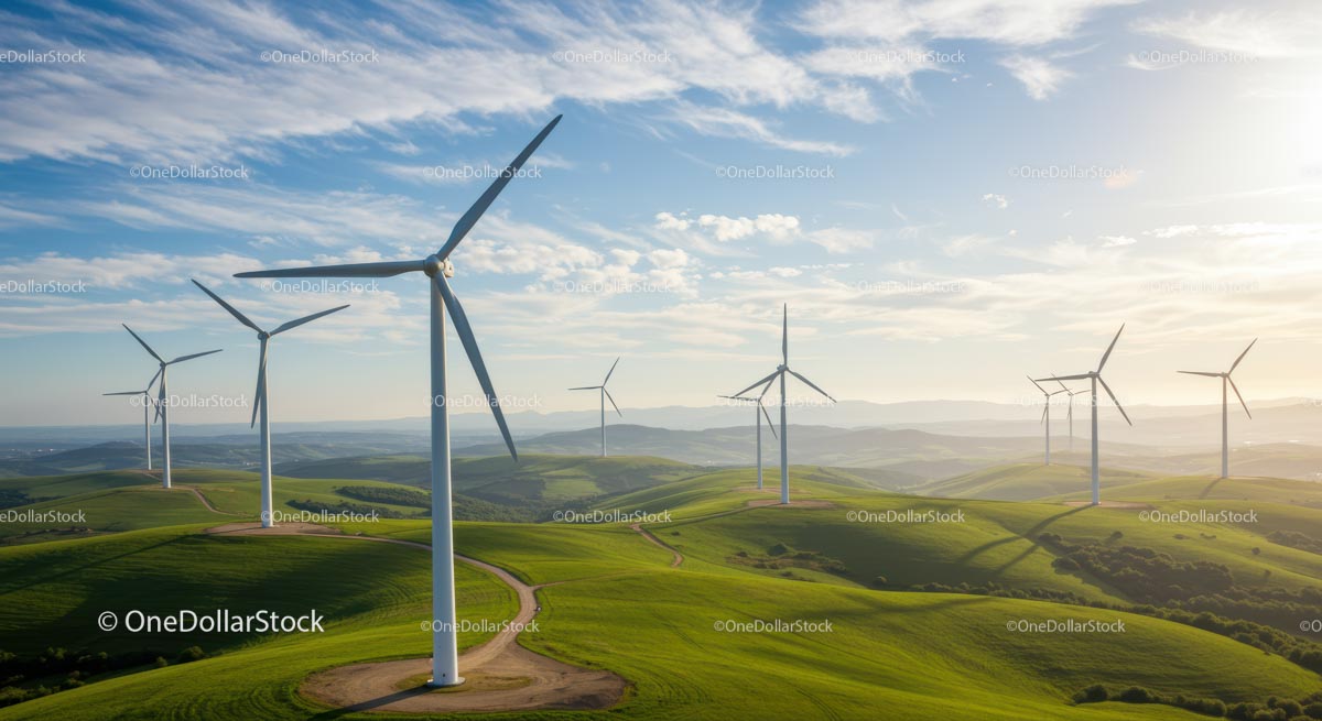 Wind Turbines on Rolling Green Hills Under Clear Sky