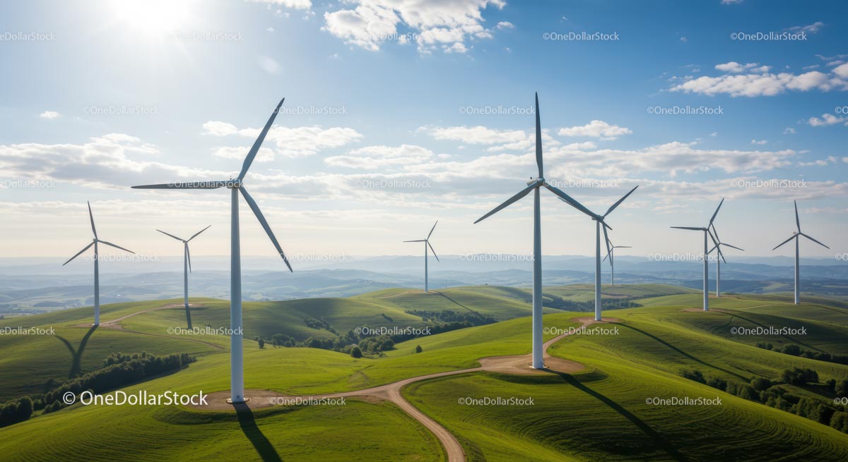 Wind Turbines on Lush Green Hills Under Blue Sky