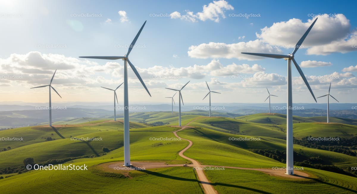 Turbiny wiatrowe na zielonych wzgórzach pod czystym, błękitnym niebem