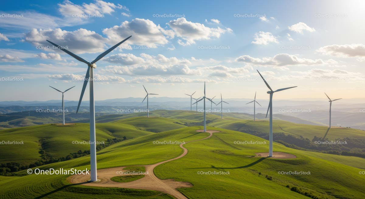 Wind Turbines on Rolling Green Hills Under Blue Skies