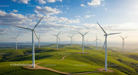 Wind Turbines on Rolling Green Hills Under Blue Sky